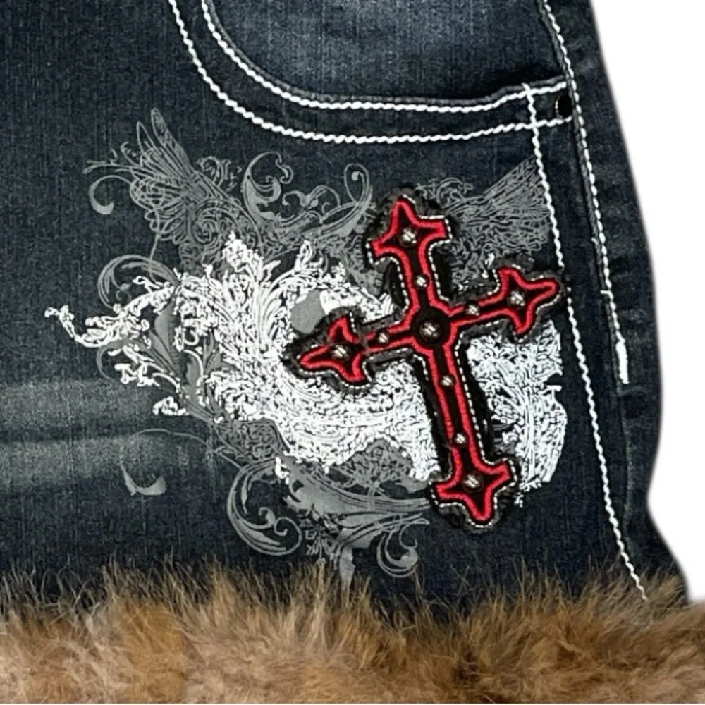 Y2K Goth Denim Mini Skirt Faux Fur Hem Cross Embroidery XL Alt Grunge - Picture 5 of 10
